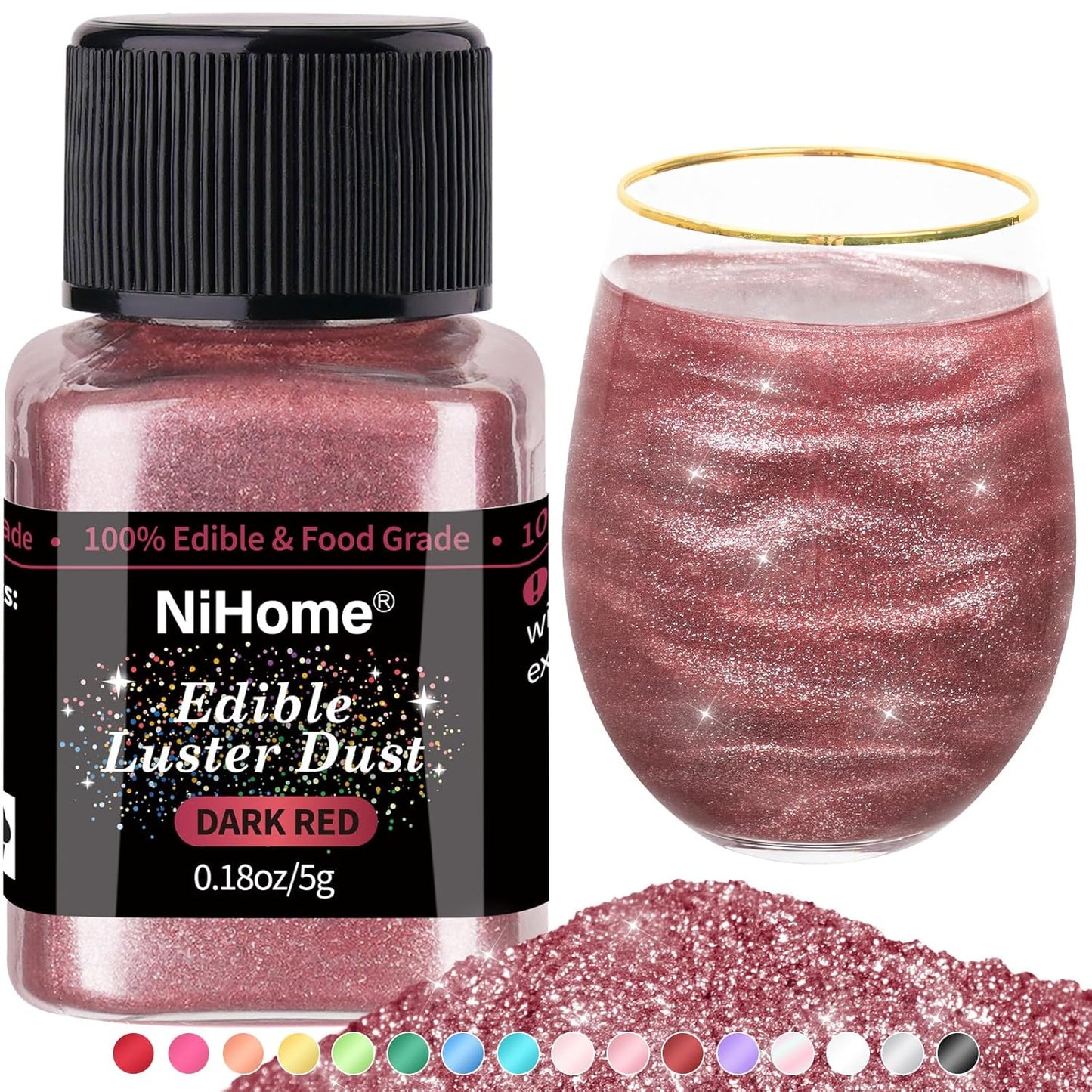 NiHome Edible Food-Grade Glimmer Powder Glitter Luster Dust Metallic Food Decorating Sprinkle Glimmery Dust for Drink Wine Beverage Cake Candy Dessert Bakery Restaurant Vegan (0.18oz/5g, Dark Red)