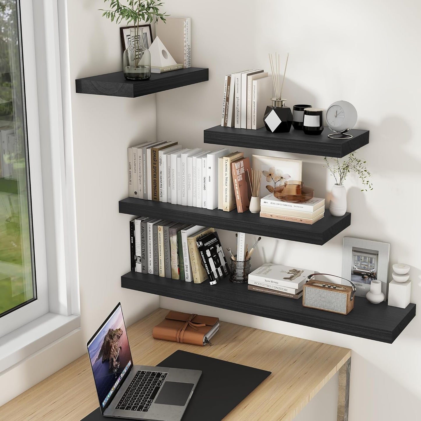 Black Floating Shelves 24 Inch Long, 9.3 Inch Deep Floating Shelves for Wall, Rustic Solid Wood Shelves, Deep Wall Shelves for Living Room, Bedroom, Kitchen, 24"W x 9.3"D x 1.6"H, Set of 2