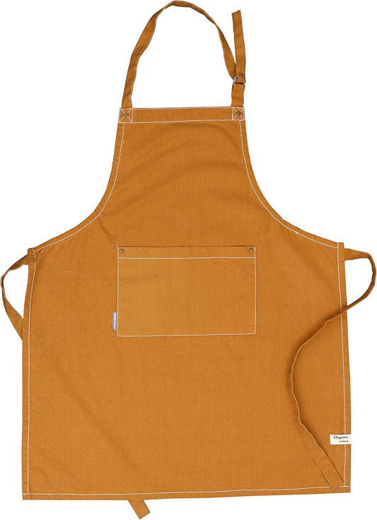 AMOUR INFINI Cotton Solid Aprons for Women with Pocket, Adjustable Strap and Waist Ties Washed Chef Aprons for Cooking, Baking and Gardening (27.5 x 33 Inches - Yellow)