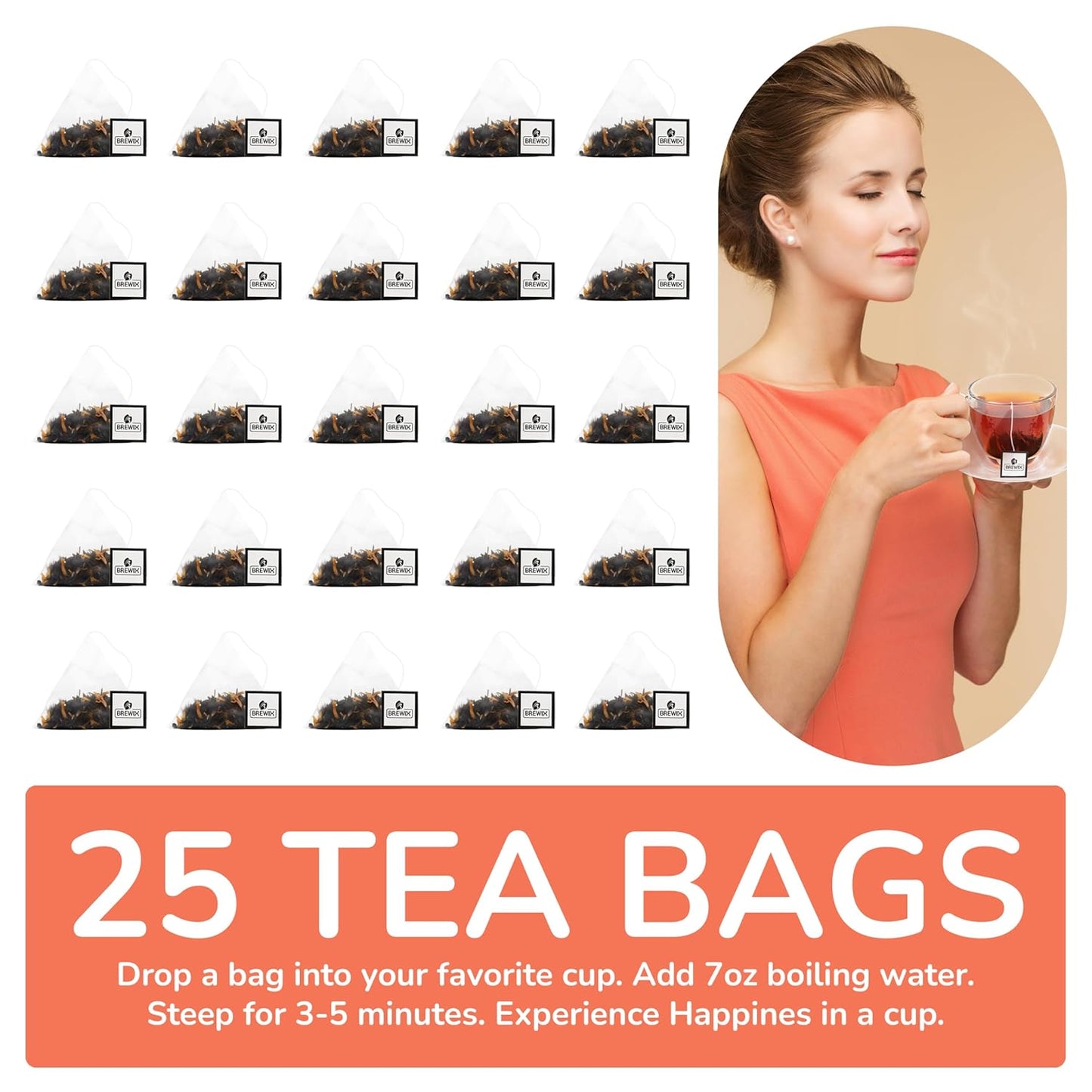 BREWIX, Peach Black Tea (25 Pyramid Bags) | Premium Black Tea with Peach | Floral & Refreshing | Iced or Hot | Caffeinated And Sugar-Free