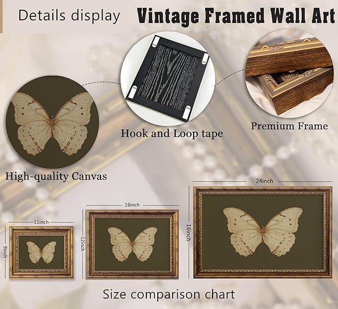 Vintage Gold Framed Wall Art Retro White Butterfly Canvas Print Dark Green - Image 4
