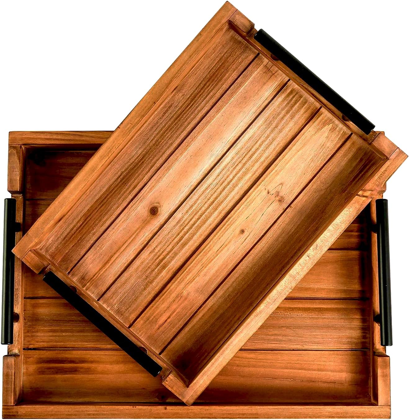 Coffee Table Tray Decorative Nested Vintage Wood Serving Tray Set for Eating, Breakfast, Party, Kitchen, Ottoman,Tea Coffee Table Large Ottoman Trays (Wood, 2pc)