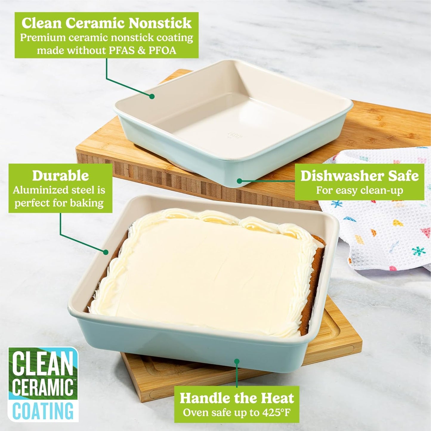 Tasty Clean Ceramic Square Cake Pans Set, 2-Pack of 9-Inch Cake Pans, Durable Aluminized Steel for Professional Results, Clean Ceramic Nonstick Coating, Oven Safe to 425°F, Dishwasher Safe, Aqua