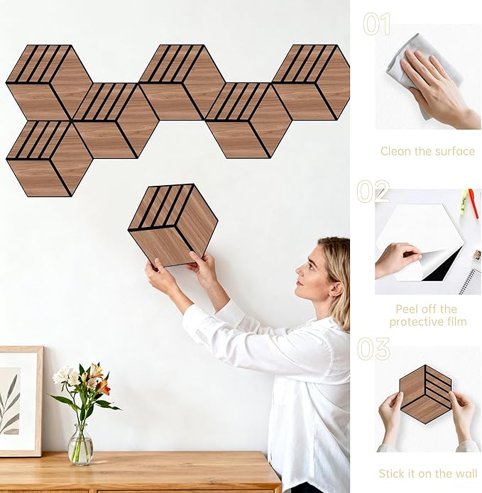Mollywell Acoustic Panels, PVC Wood-Grain, 14x12 Inch Hexagon Carved Sound - Image 6