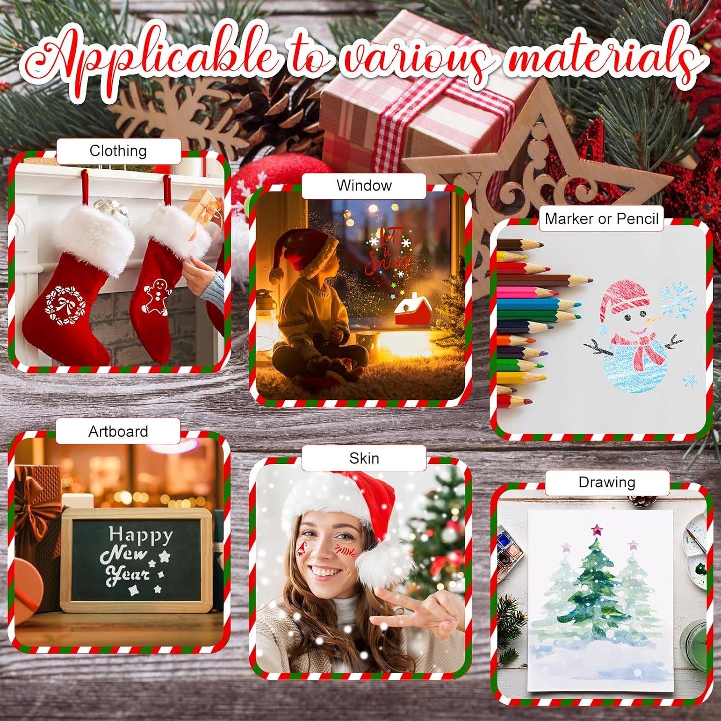 100 Pcs Stencils for Painting on Wood Reusable Stencil Crafts Drawing Templates Holiday Wall Paper for DIY Scrapbook Home 2 x 2 Inch(Santa Style)