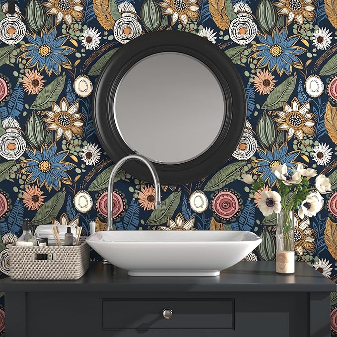 Blue Boho Wallpaper Peel and Stick, Vintage Floral Contact Paper 17.5" x 393.7" - Image 2