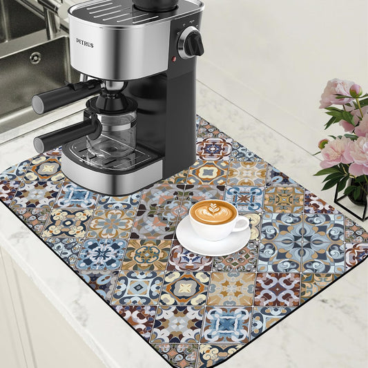 Retro Colorful Tiles Dish Drying Mat for Kitchen Counter Floral Coffee Mat Hide Stain Absorbent Drying Rack Pad with Rubber Backed Espresso Machine Coffee Bar Accessories 15.7 x 23.6 Inch