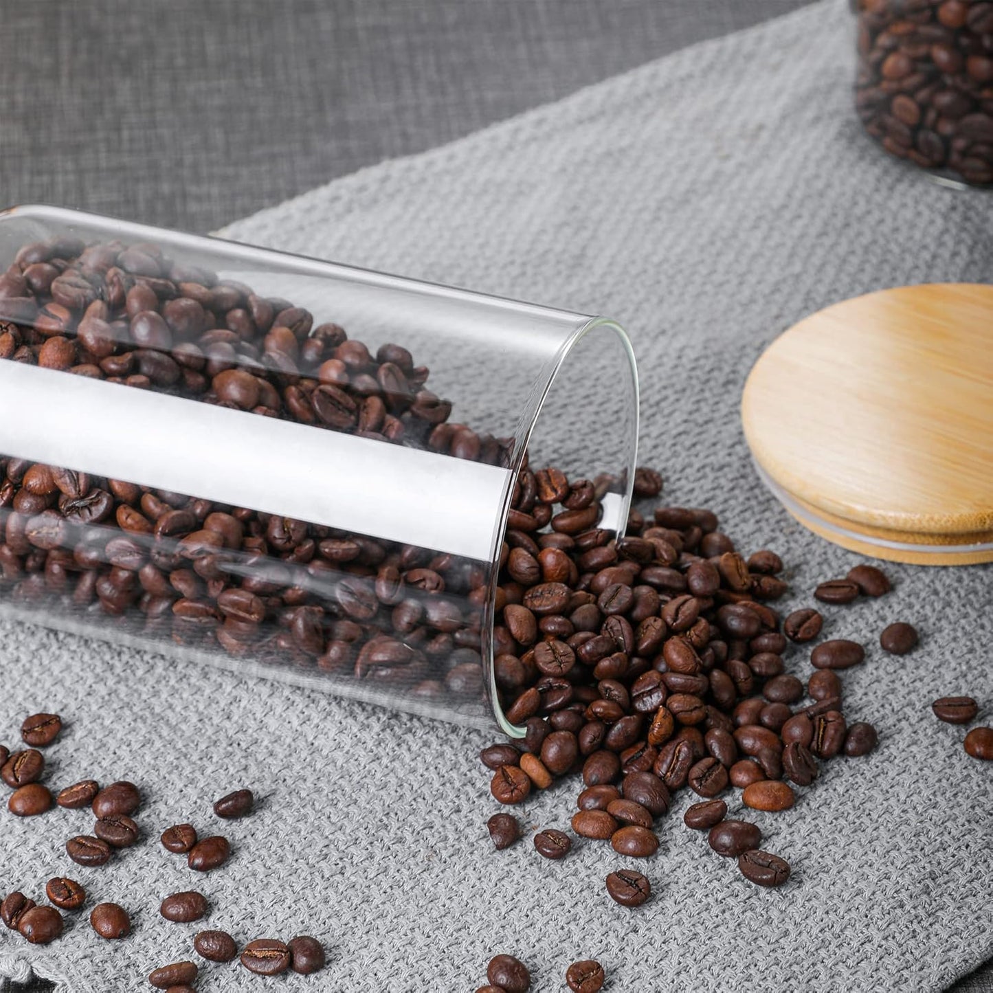 MOLFUJ 550 ML / 18 FL Oz Glass Storage Container with Wood Lid, Stackable Clear Decorative Organizer Bottle Canister Pantry Jar with Air Tight Wooden Lid for Food, Coffee, Candy, Sugar, Salt, Tea