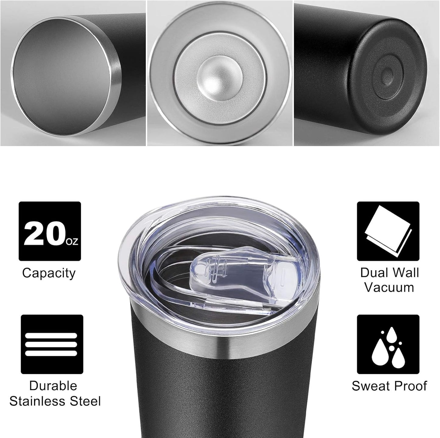 VEGOND Stainless Steel Tumblers Bulk 12 Pack, 20 oz Vacuum Insulated Skinny Tumblers with Lids and Straws, Double Wall Coffee Mug, Travel Water Cup, Black