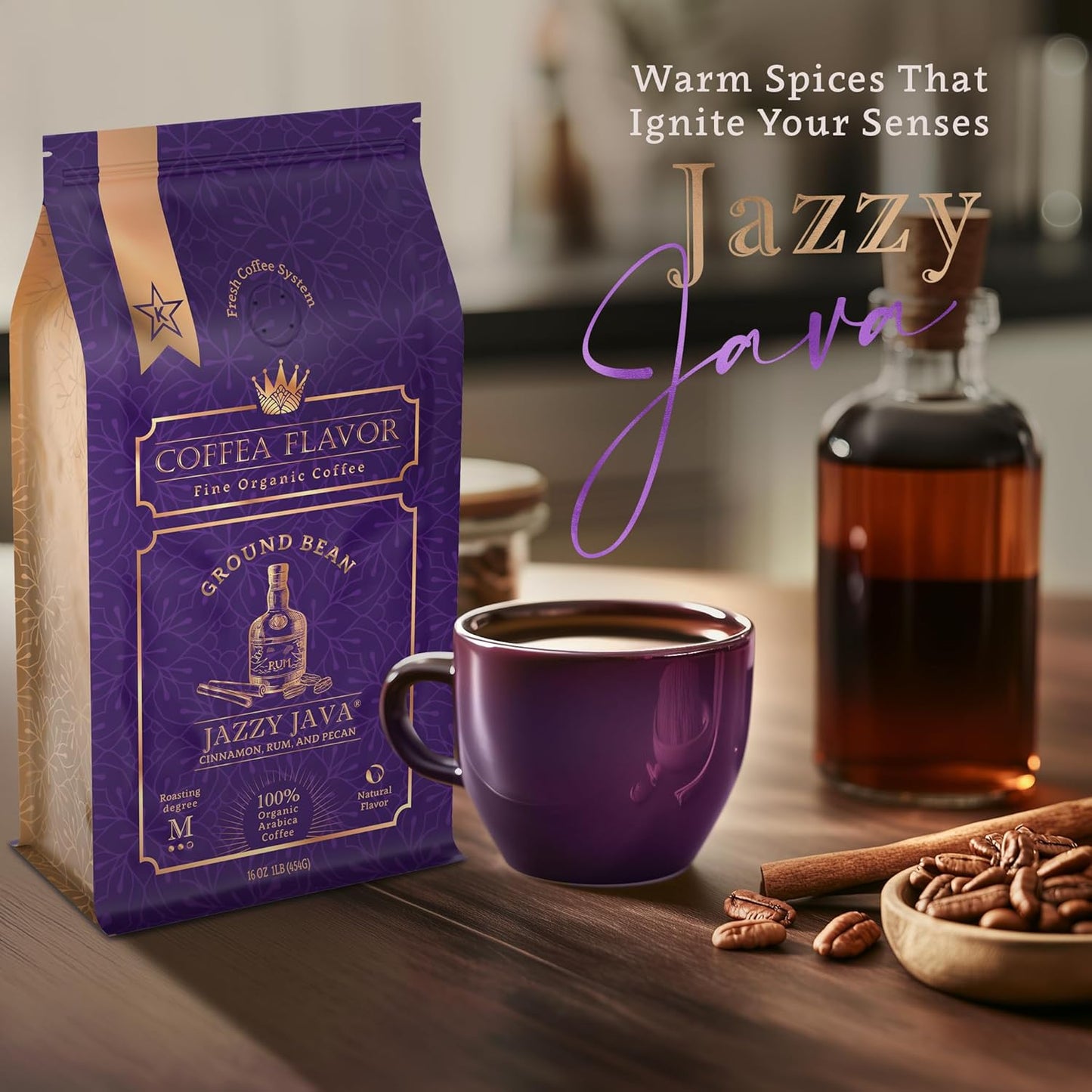 Jazzy Java – Spiced & Nutty Flavored Ground Coffee – Organic, Medium Roast, 100% Arabica, Single Origin – Naturally Flavored – by Coffea Flavor