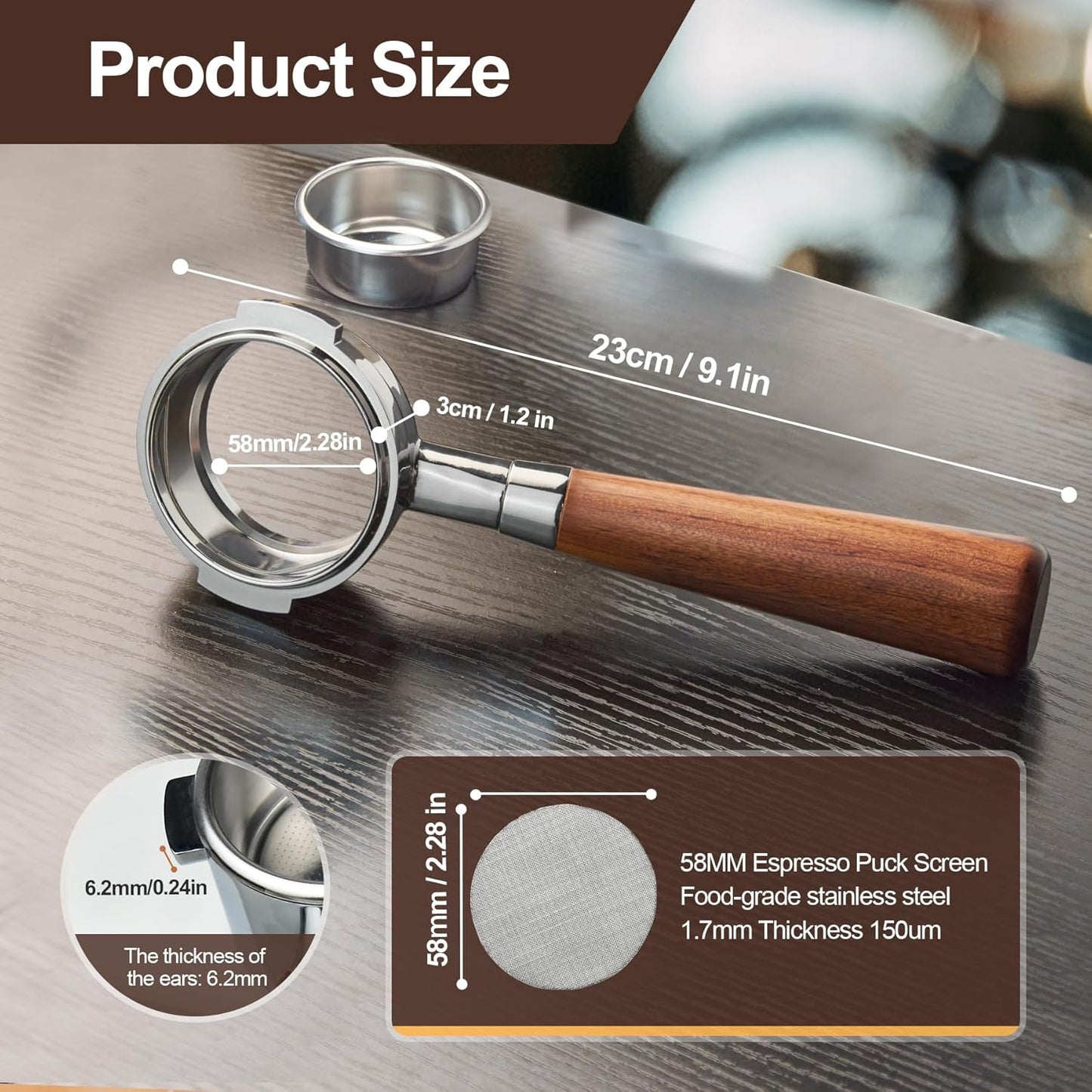 58 mm Bottomless Portafilter with Puck Screen 2 Ears Espresso Portafilter Compatible with E61 Group Head Espresso Machines,Flair 58,ECM,Rocket,Sanremo,Stainless Steel and Rosewood Handle