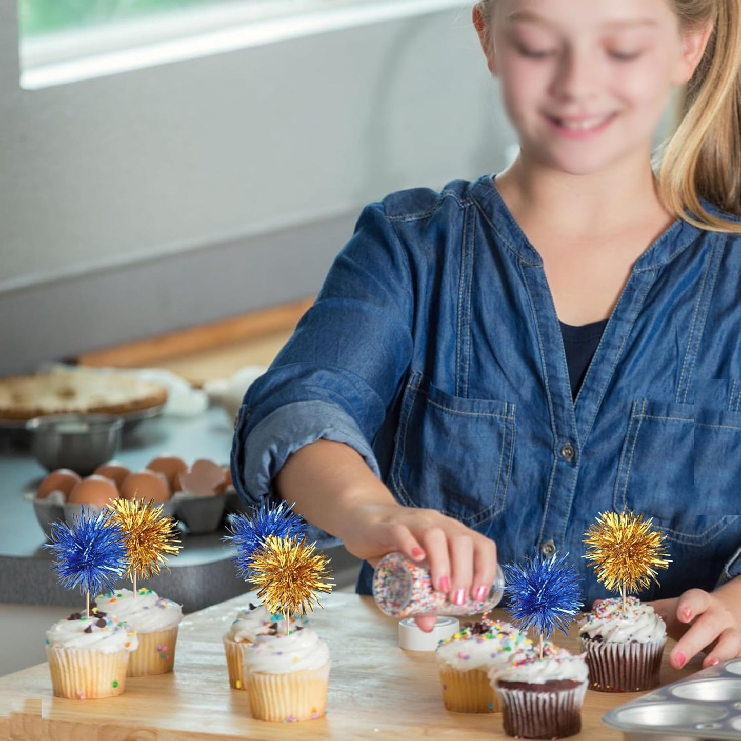 40 PCS Foil Firework Cupcake Toppers Sparkle Tinsel Cupcake Picks Fireworks Birthday Party Decorations Cocktail Fruit Toothpick for Birthday Wedding Graduation Party Decorations Supplies Gold Blue