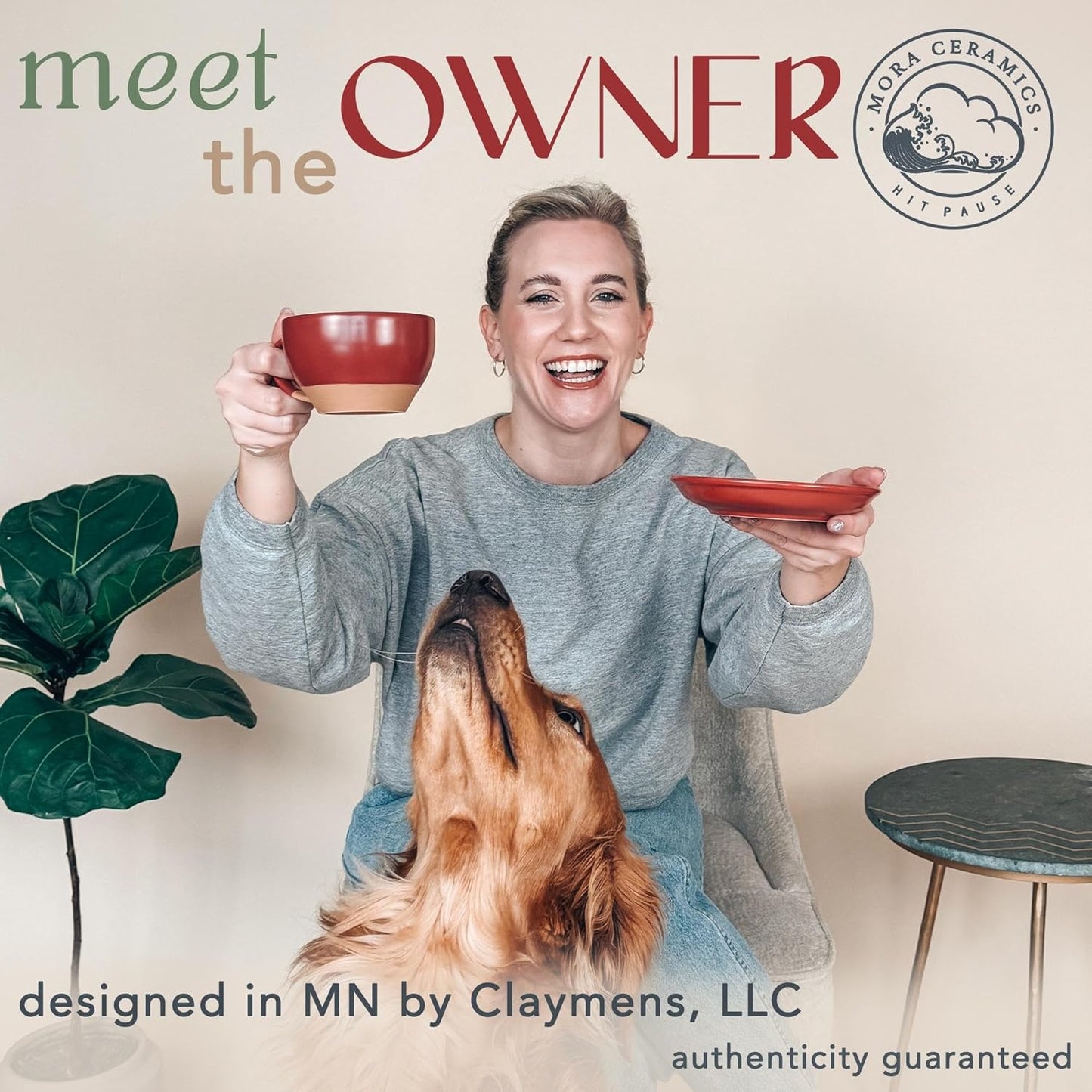 Mora Ceramic Latte Art Mug With Saucer - 10.5 oz, Round Bottom For Perfect Pours - Cafe Cups for Cappuccino, Espresso, Coffee, Tea etc - Porcelain Set for Baristas, Great Gift - Crimson Red