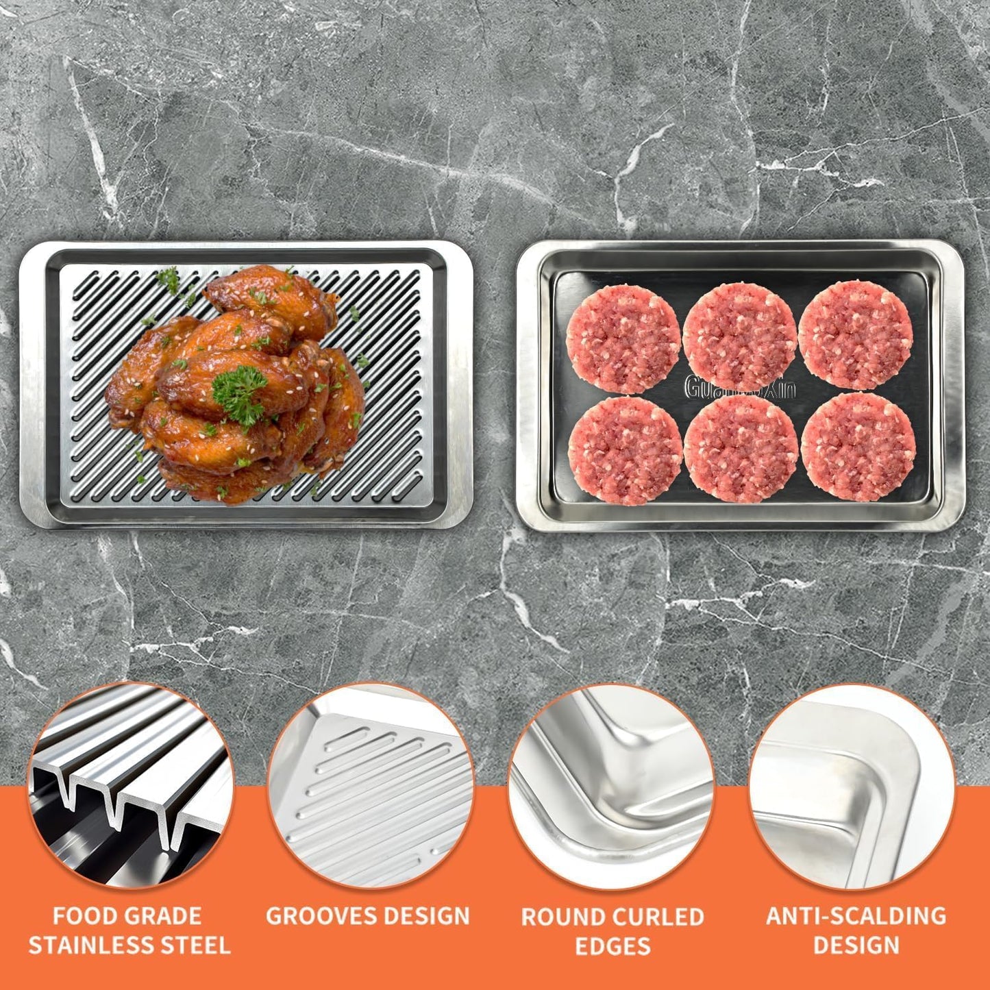 Grilling Prep and Serve Trays, Set of 2 Stackable Stainless Steel BBQ Trays Marinating Tray Serving Platter for Plating Food BBQ Prep Tub for Marinating Meats, Grill Accessories