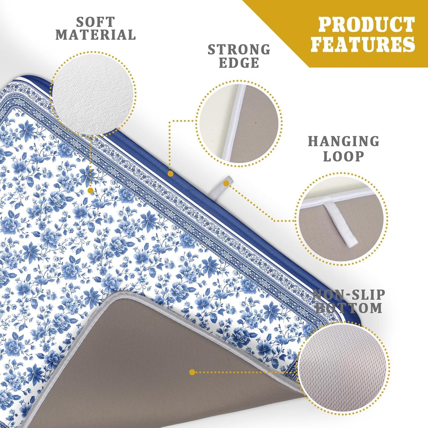 Blue Floral Branches Dish Drying Mat for Kitchen Counter Chinoiserie Pattern Dish Drying Pad 18x24 In Absorbent Vintage Flowers Decor Dishes Drainer Pad Dish Dry Rack Mat for Counter Coffee Bar