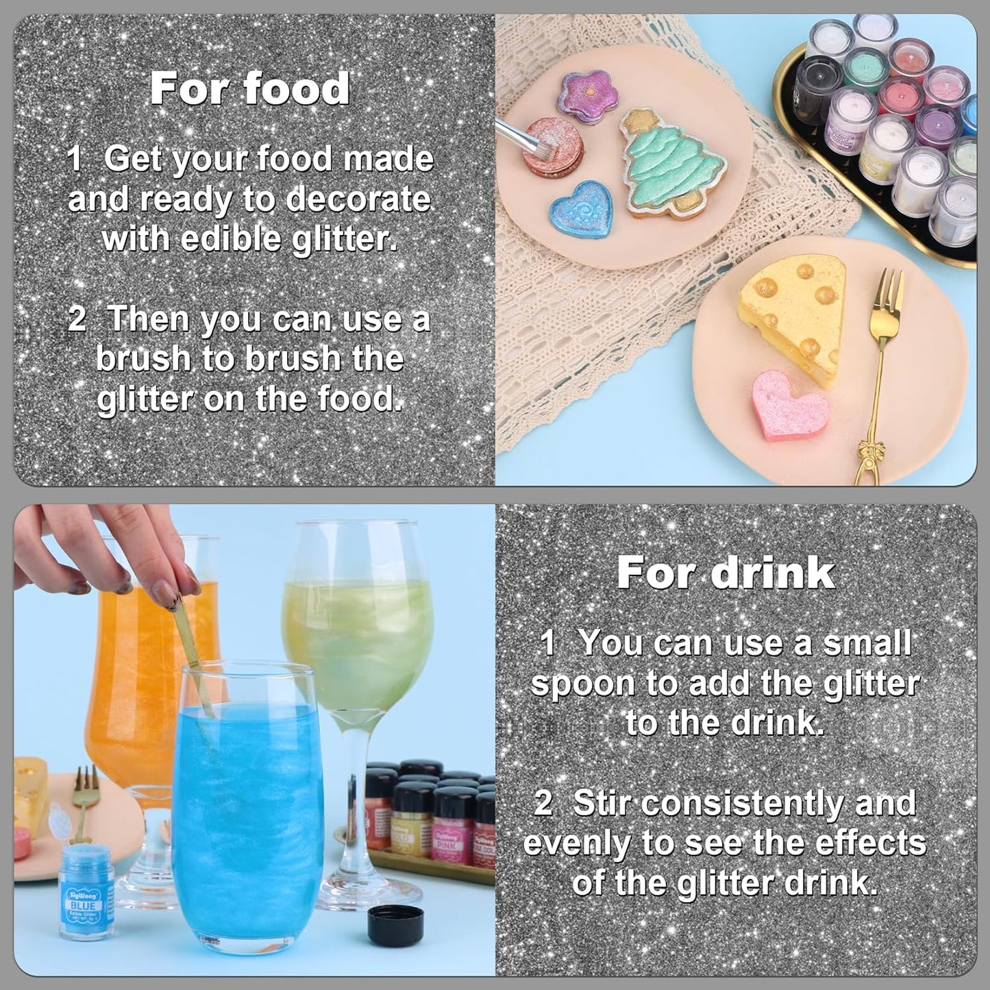 Black Edible Glitter - 5g Food Grade Cake Decorating Shimmering Glitter, Edible Sprinkle Luster Dust for Drinks, Chocolates, Fondant, Strawberries, Cupcakes, Candy, Cookie - Vegan