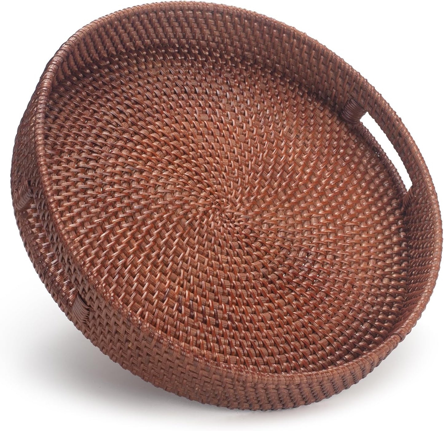 13.8 inch Round Rattan Tray, Decorative Coffee Table Tray, Ottoman Trays, Woven Serving Trays with Handles Wicker Serving Basket, Reddish-Brown