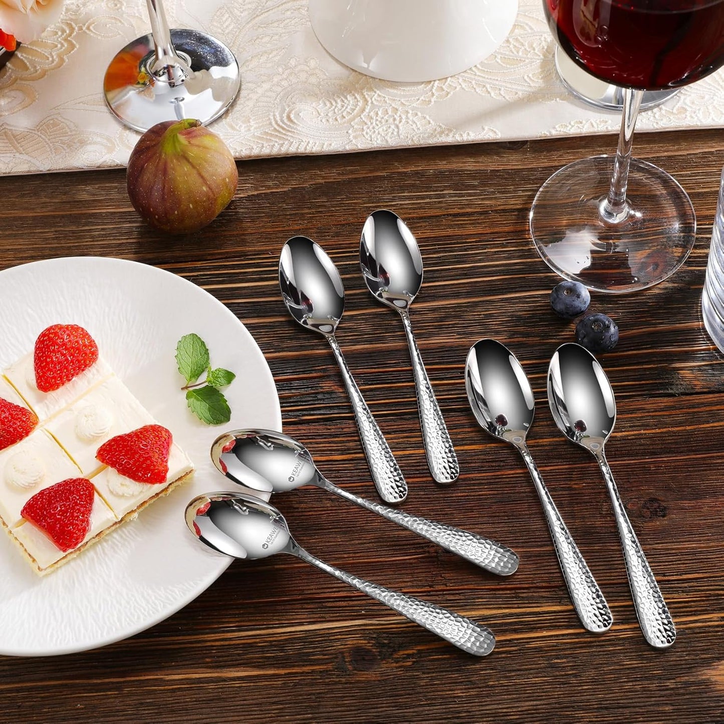 KEAWELL Premium Louise Hammered Demitasse Espresso Spoons: 6-Piece/12-Piece Set, 18/10 Stainless Steel, Mini Coffee Spoons, Small Spoon Set, Brightly-Mirror polished, Dishwasher Safe (6, 5.6 inches)