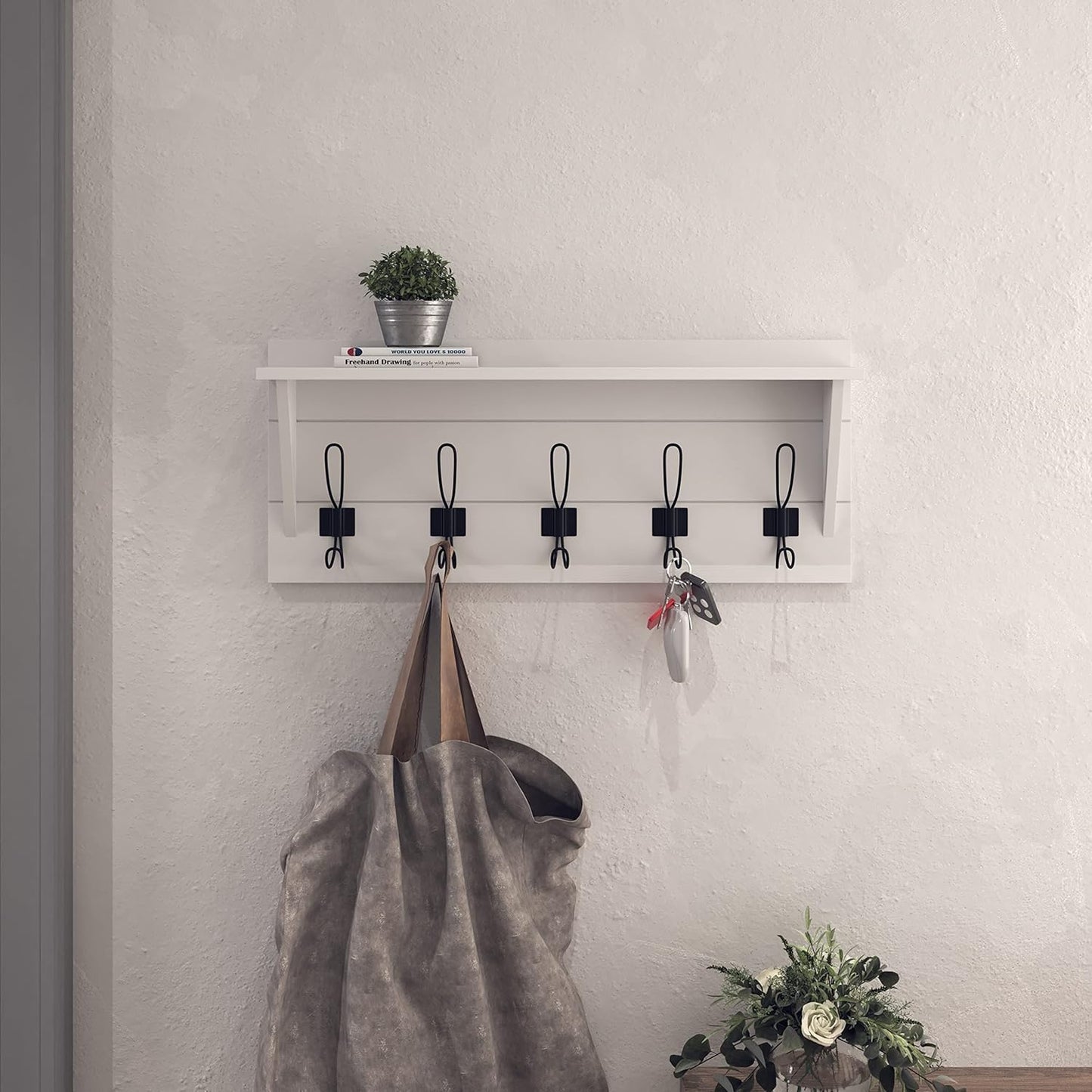 HBCY Creations 24" Wall Mounted Storage Rack - Pine Wood Construction - Solid White Finish - Upper Storage Shelf - 5 Hooks - Ideal for Entryway, Kitchen, Bathroom