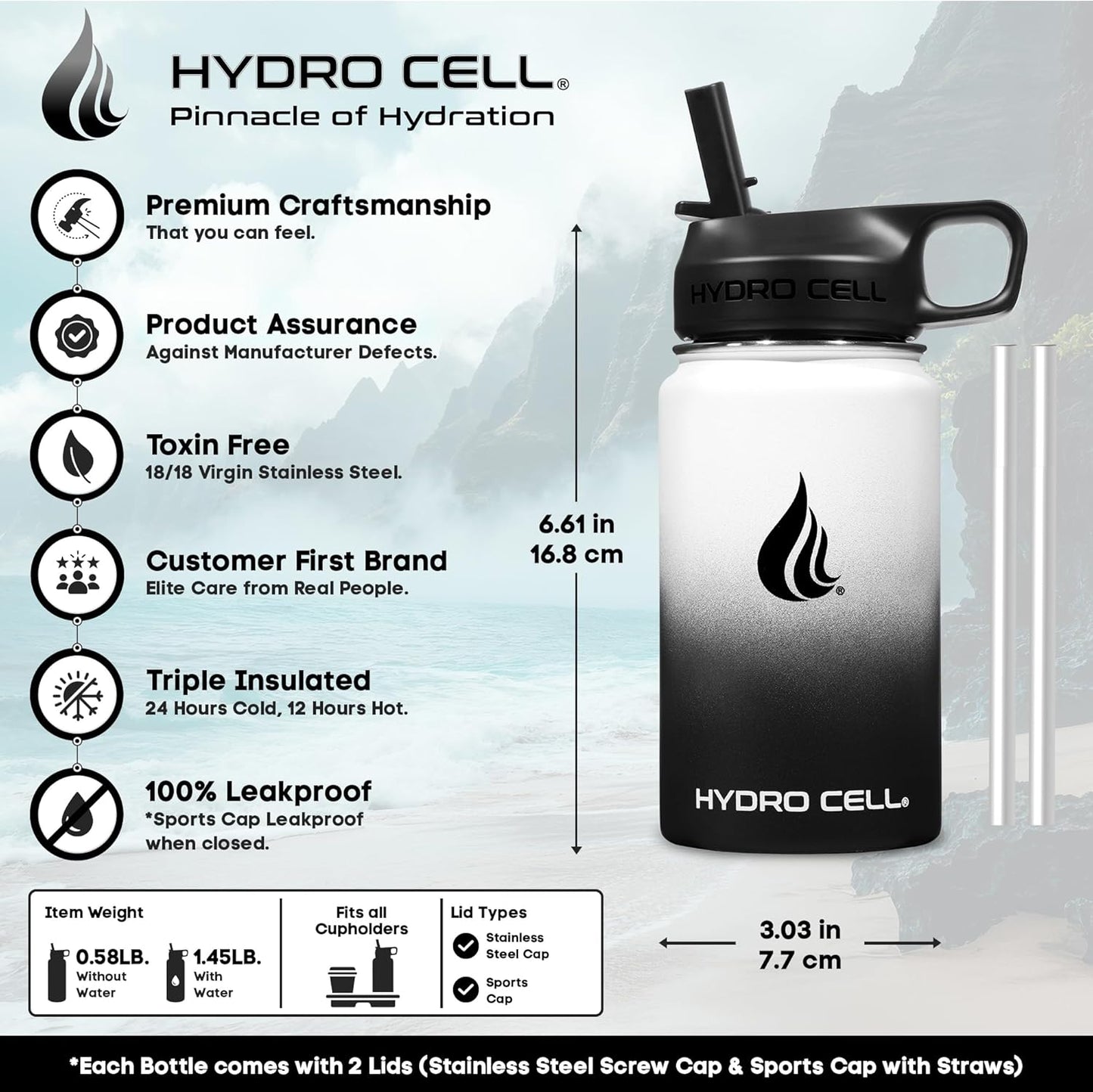 HYDRO CELL Stainless Steel Insulated Water Bottle with Straw - For Cold & Hot Drinks - Metal Vacuum Flask with Screw Cap and Modern Leakproof Sport Thermos for Adults (Black/White 14oz)