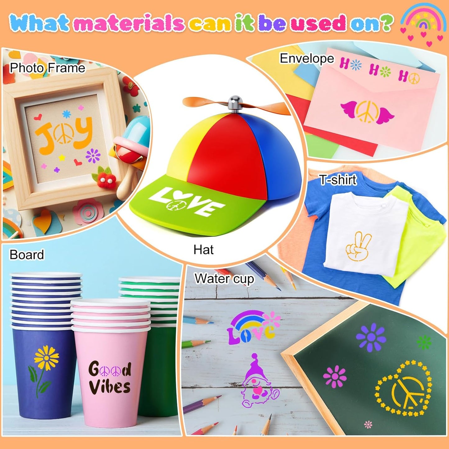 Fainne 100 Pcs Stencils for Painting on Wood Reusable Stencil Crafts Drawing Templates Holiday Wall Paper for DIY Scrapbook Home 2 x 2 Inch (Groovy Party)