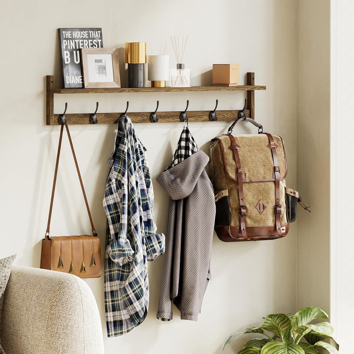 BAMEOS Coat Rack Wall Mount, Large Wooden Coat Hooks with Shelf, 35" L, 7 Dual Metal Hooks for Entryway, Bathroom, Kitchen, Living Room, Bedroom