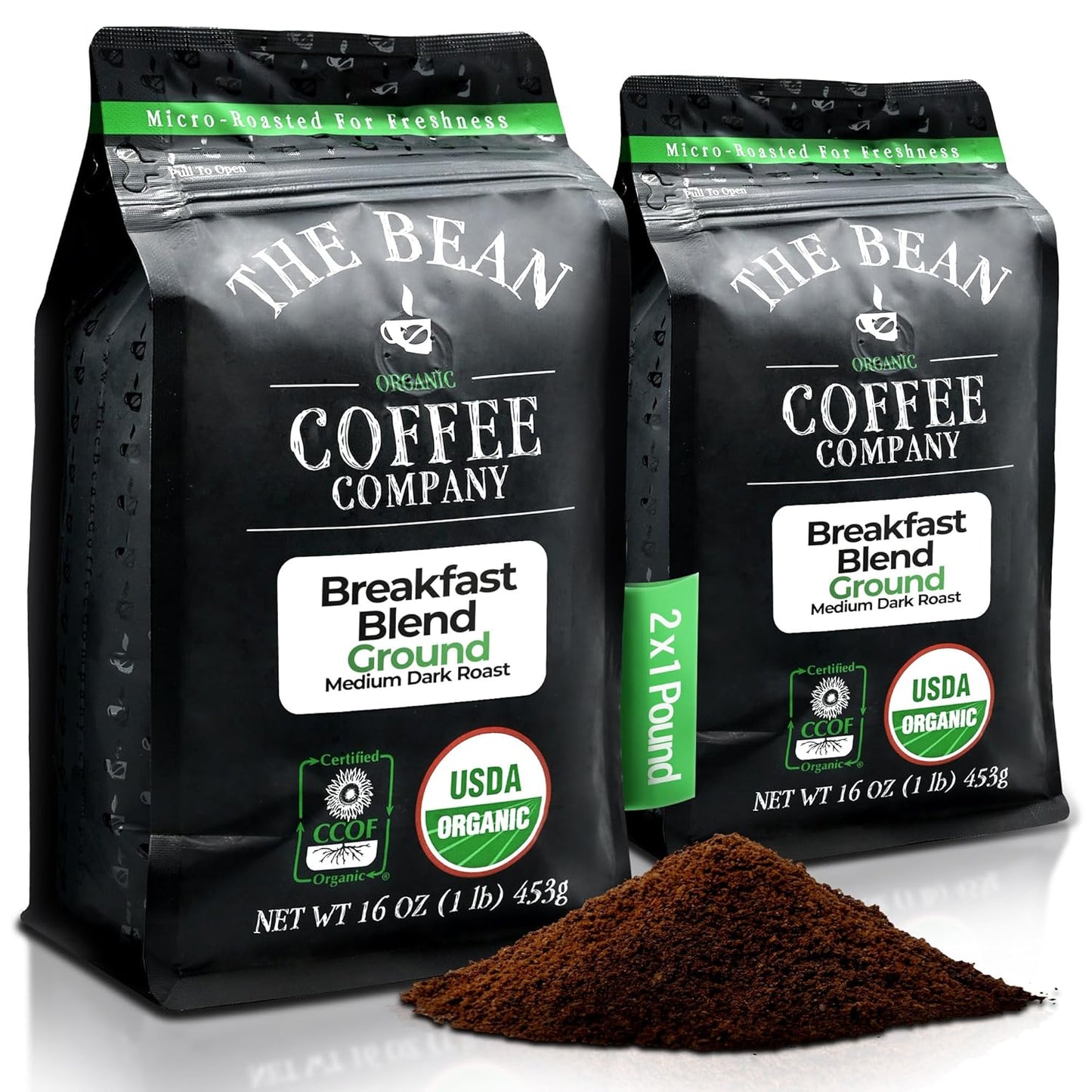 The Bean Organic Coffee Company Breakfast Blend, Medium Dark Roast, Ground Coffee, 16-Ounce Bags (Pack of 2),Café molido tostado organico