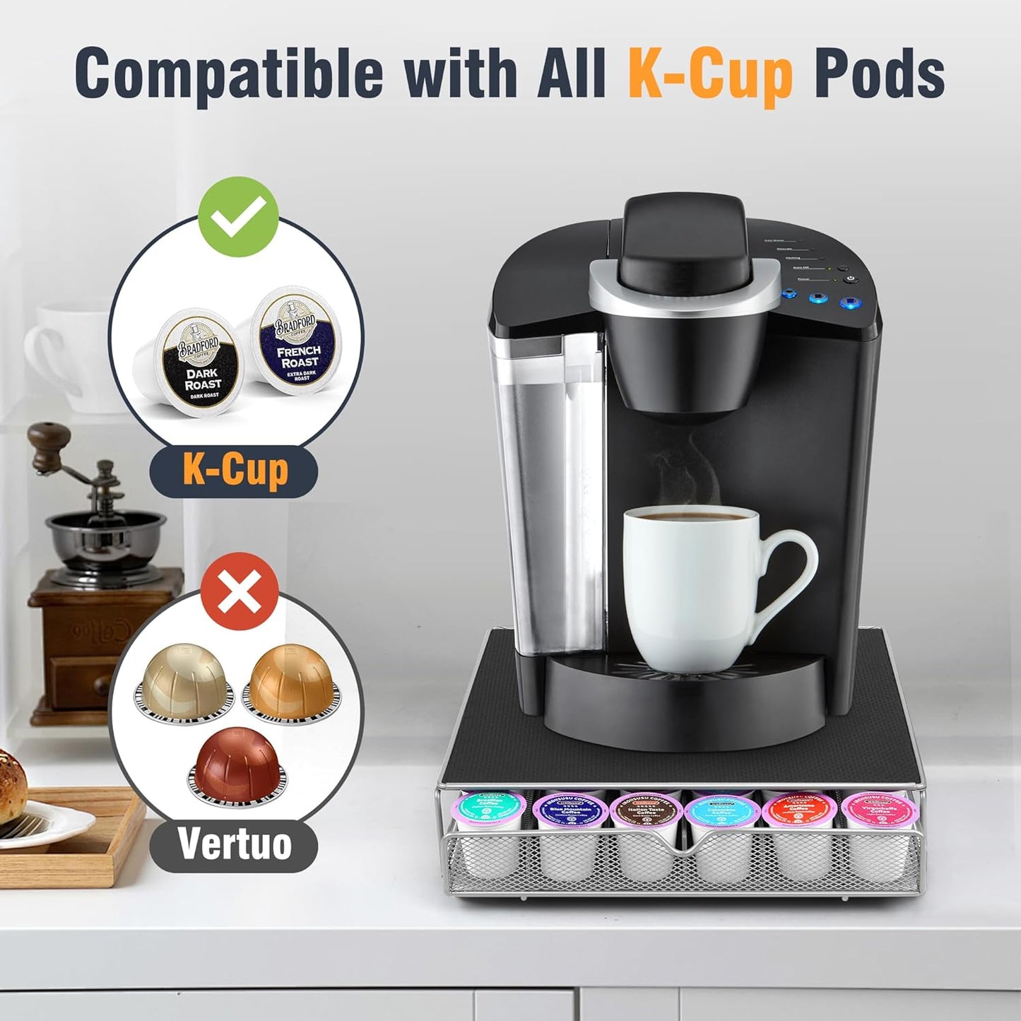 Coffee Pod Drawer, K-Cup Holder Drawer for 36 Coffee Pods Storage, Under Coffee Pot Storage and Sliding Drawer, Office or Home Kitchen Counter Organizer