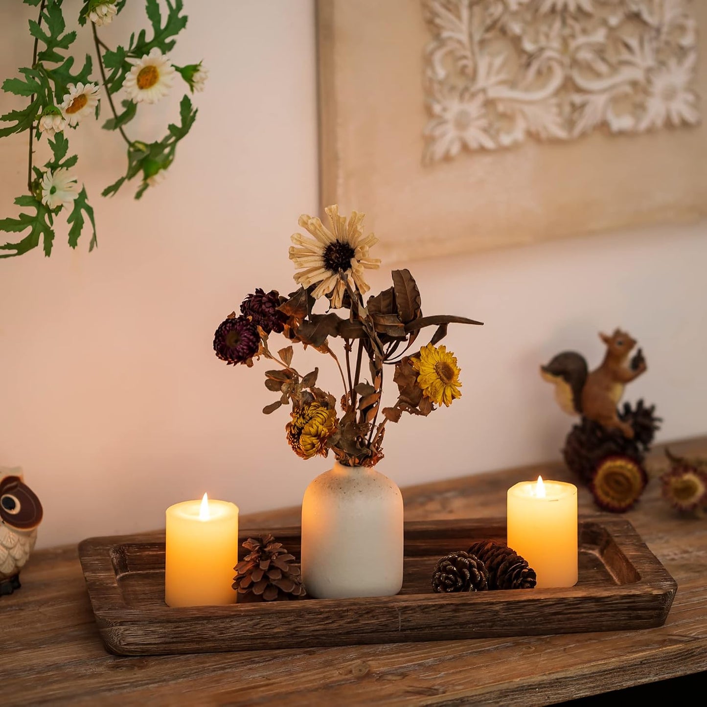 Hanobe Wooden Tray for Candle Decorative: Wood Rustic Long Centerpiece Trays Rectangle Narrow Farmhouse Decor for Dining Coffee Table Kitchen Fireplace Mantle