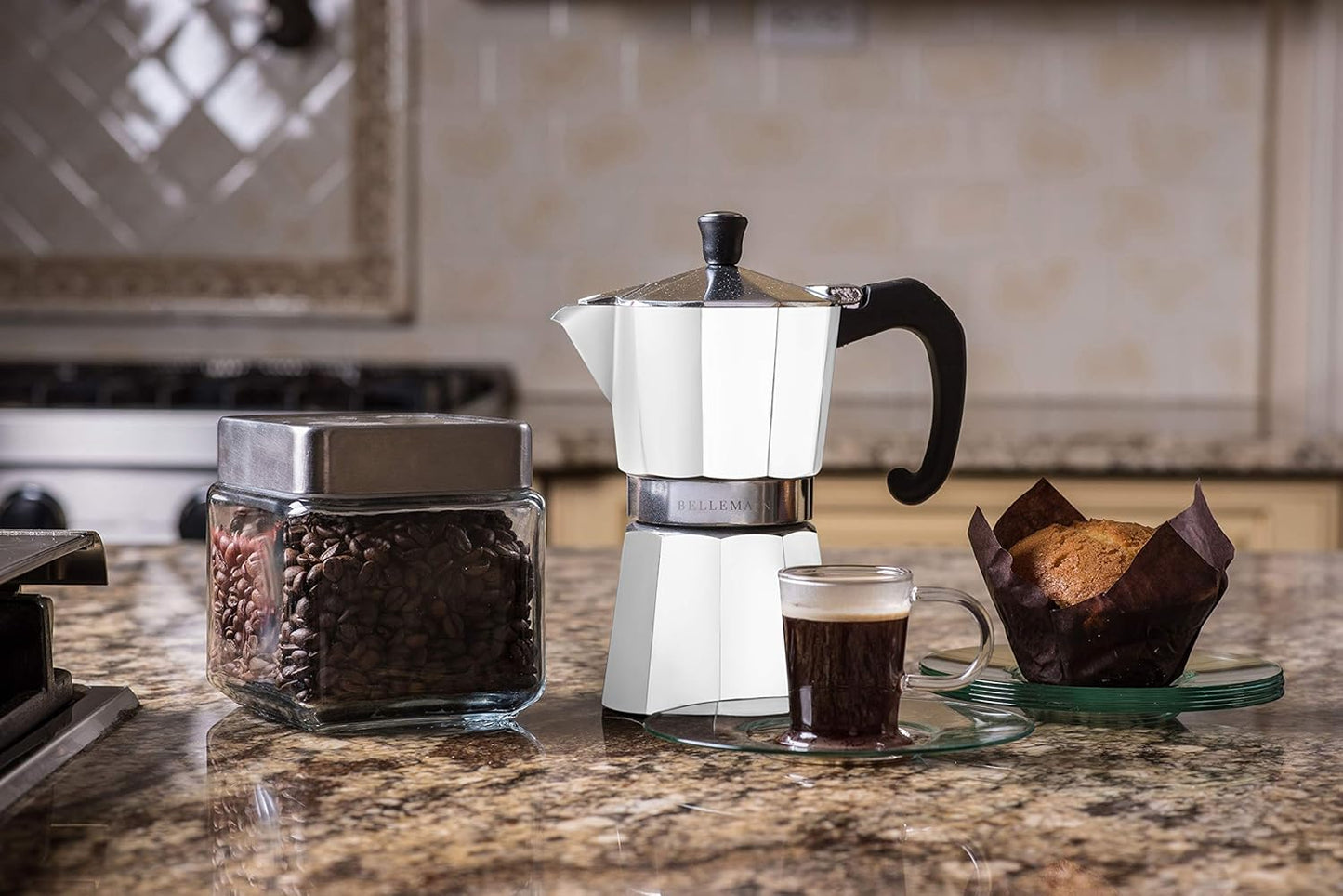 Bellemain Stovetop Espresso Maker | Italian Moka Pot Espresso Maker, Classic Aluminum Design Mocha Pot for Home Brewing & Camping | Easy to Use & Clean - 9-Cup, White