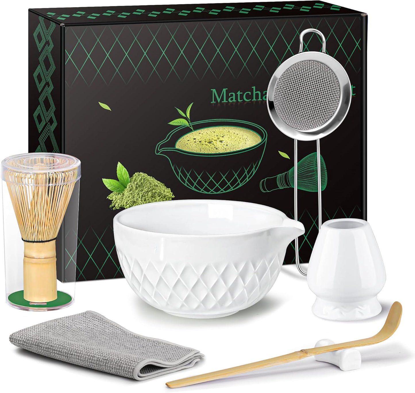 Matcha Whisk Set, 7 Pcs Matcha Kit, Ceramic Matcha Set Includes Matcha Bowl with Spout, Matcha Whisk and Holder, Bamboo Scoop, Scoop Rest, Sifter and Tea Towel (Ceramic White)