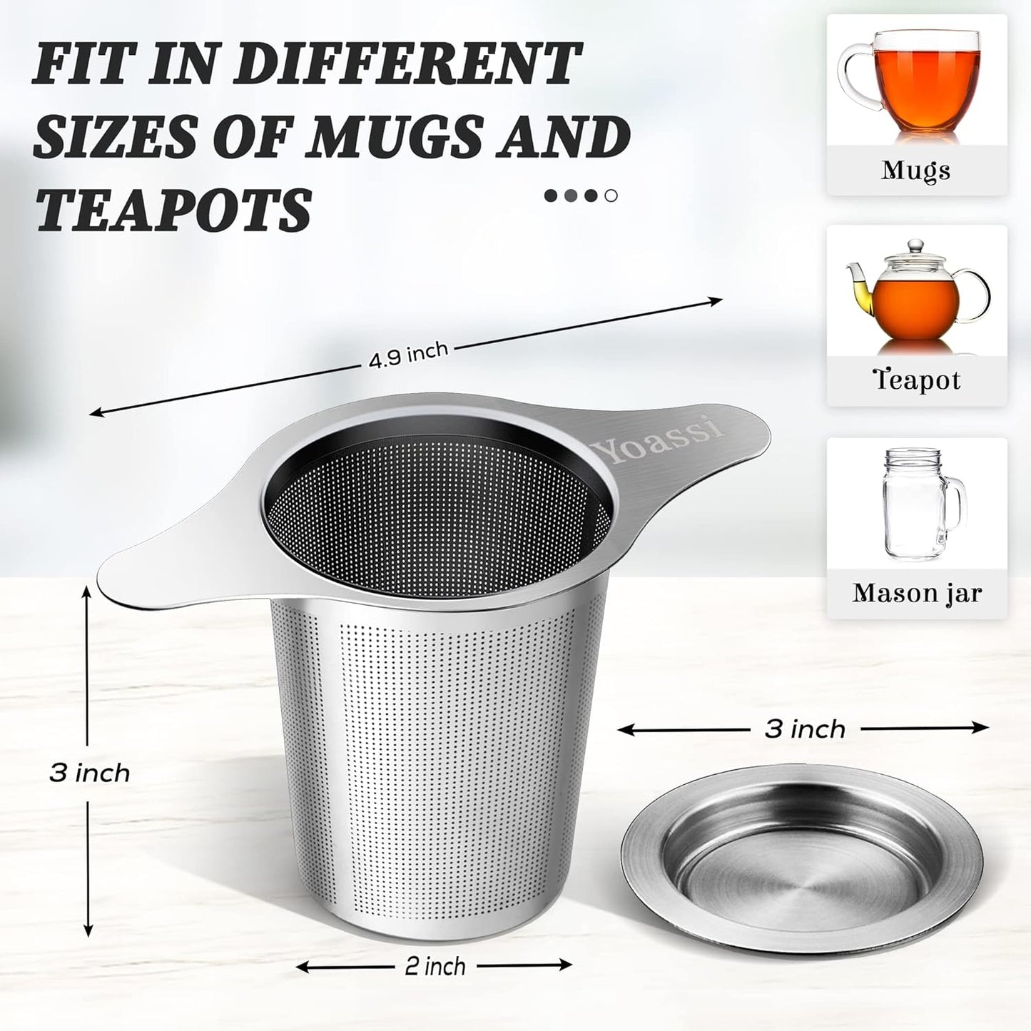 Extra Fine 18/8 Stainless Steel Tea Infuser Mesh Strainer with Large Capacity & Perfect Size Double Handles for Hanging on Teapots, Mugs, Cups to Steep Loose Leaf Tea and Coffee