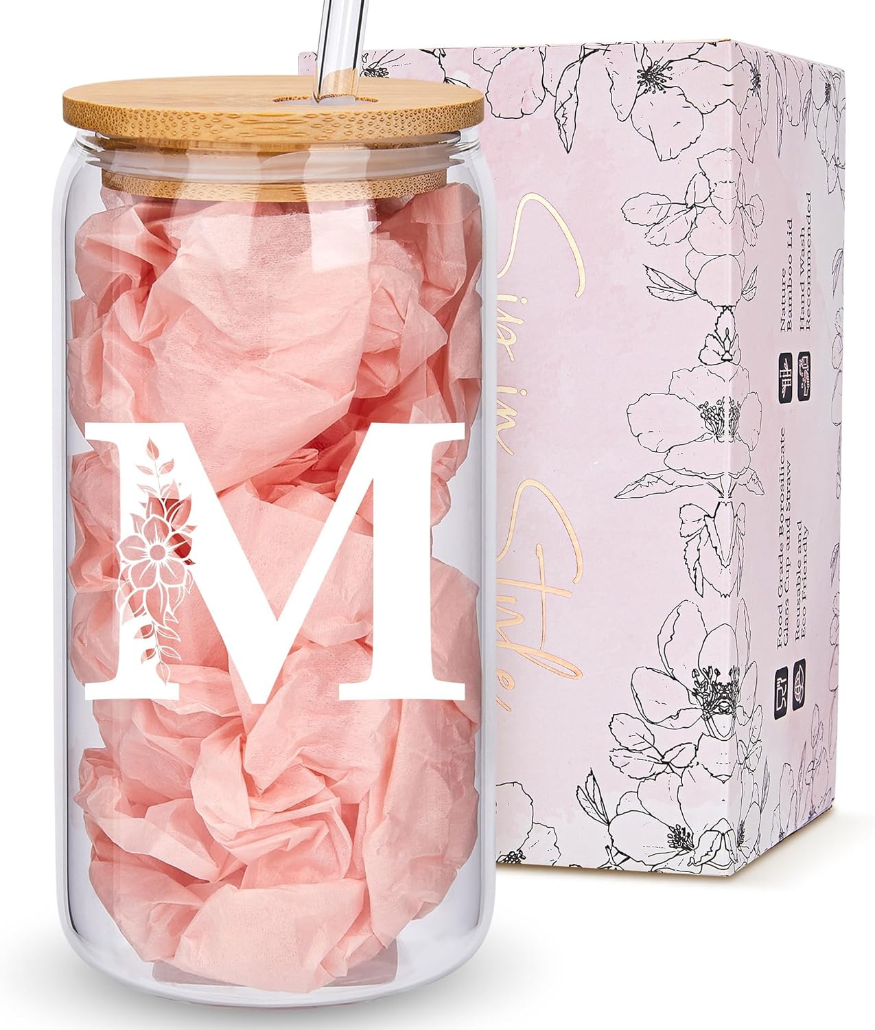 Personalized Gifts for Women, Monogrammed Glass Cups with Lids and Straws, Custom Tumbler, Cute Customized Mug, Aesthetic Stuff, Initial Iced Coffee Cup, Drinking Glasses, Birthday Teacher Gifts, M