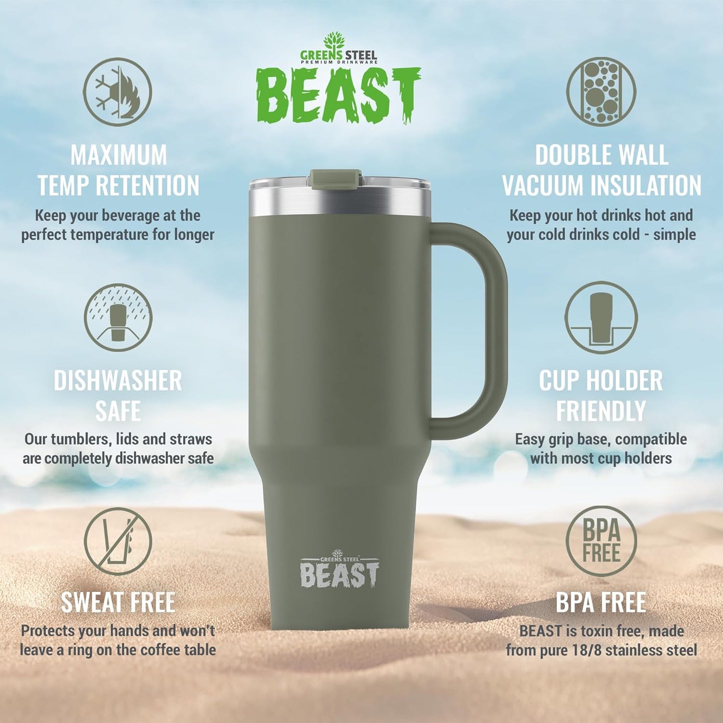 Beast 50 oz Tumbler Stainless Steel Vacuum Insulated Coffee Ice Cup Double Wall Travel Flask (Army Green)