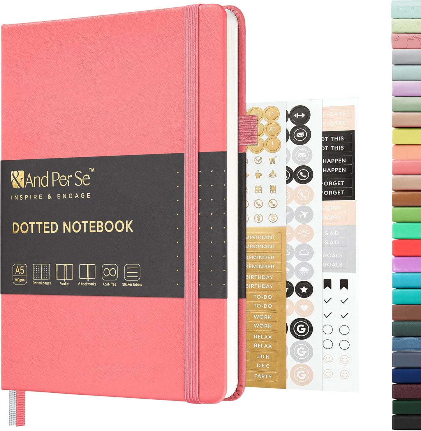 &And Per Se Dotted Journal Notebook, A5 Hardcover Leather Bullet Dotted Journal, 160 Pages 100GSM Thick Paper, 3 Sheets of Stickers Included - 5.7'' x 8'' (Rose pink)