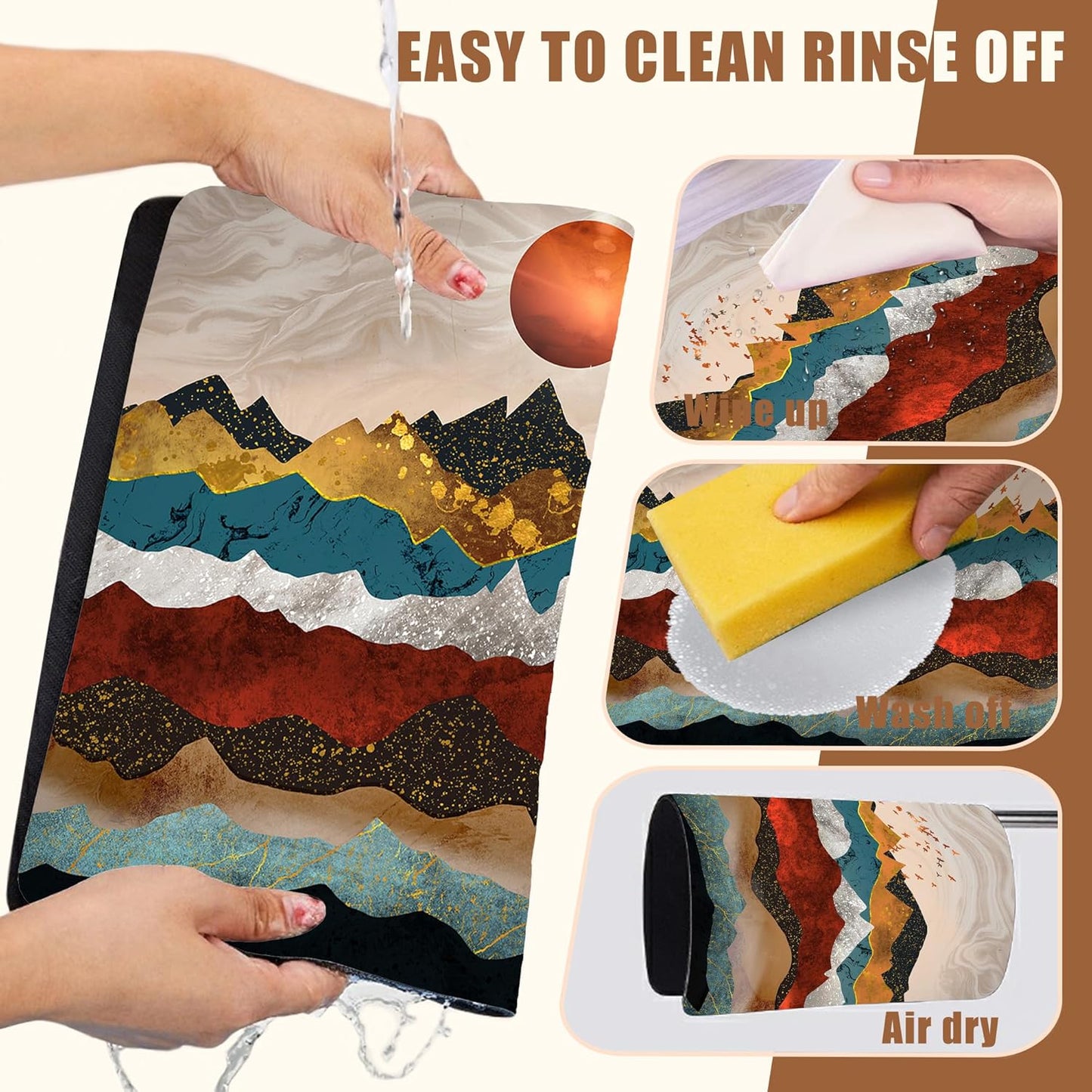 Abstract Golden Mountains Coffee Mat Absorbent Dish Drying Mat for Kitchen Counter Hide Stain Rubber Backed Coffee Bar Accessories Fit Under Espresso Machine Dish Drainer, 15.7 x 23.6 Inch