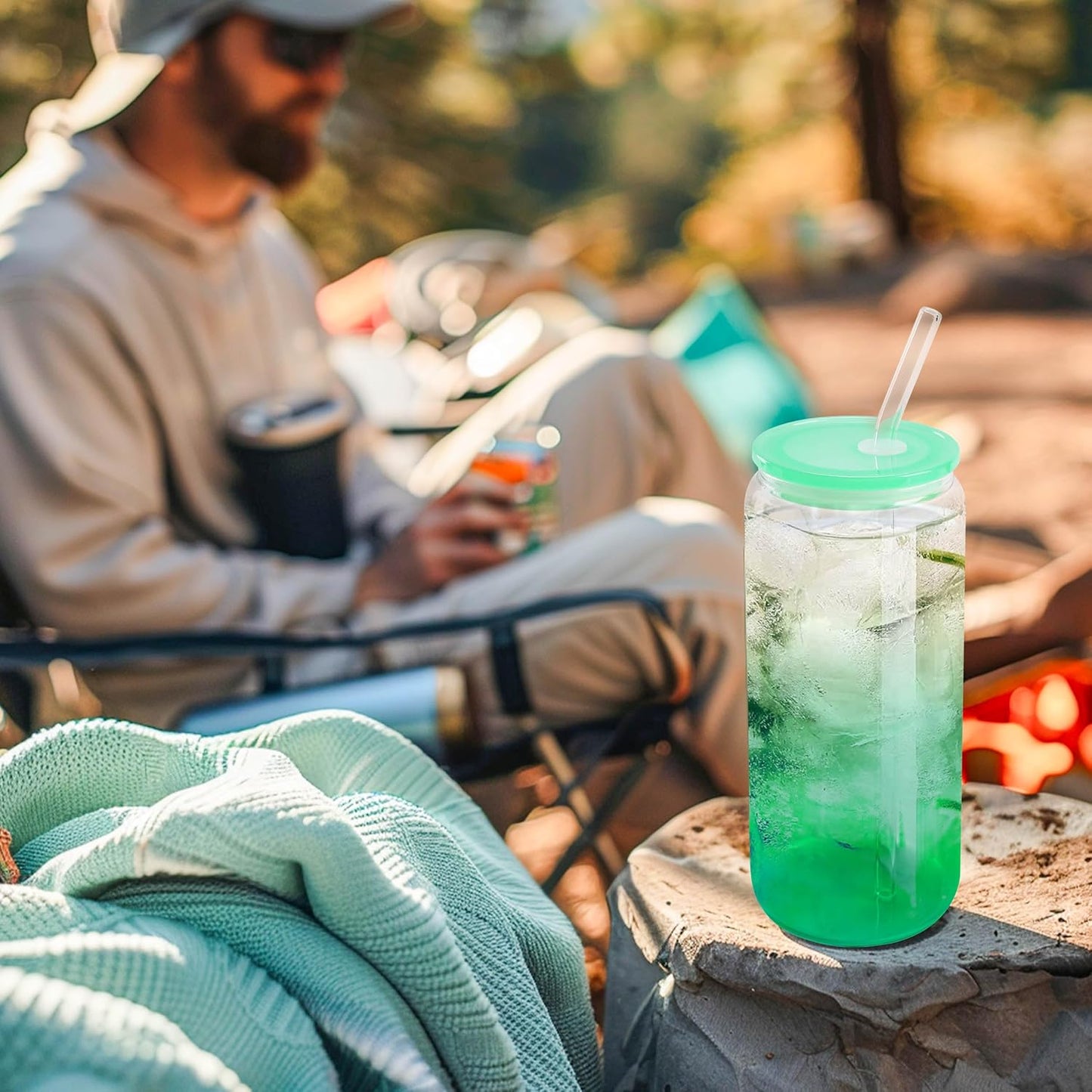 Joyclub 20oz Glass Cups with Acrylic Lids and Straws 8 Set Can Shaped Glass Iced Coffee Cups with Lids, Gradient Drinking Glasses Cute Tumbler Cup Great for Smoothie Soda Boba Tea Cocktail Beer Gift