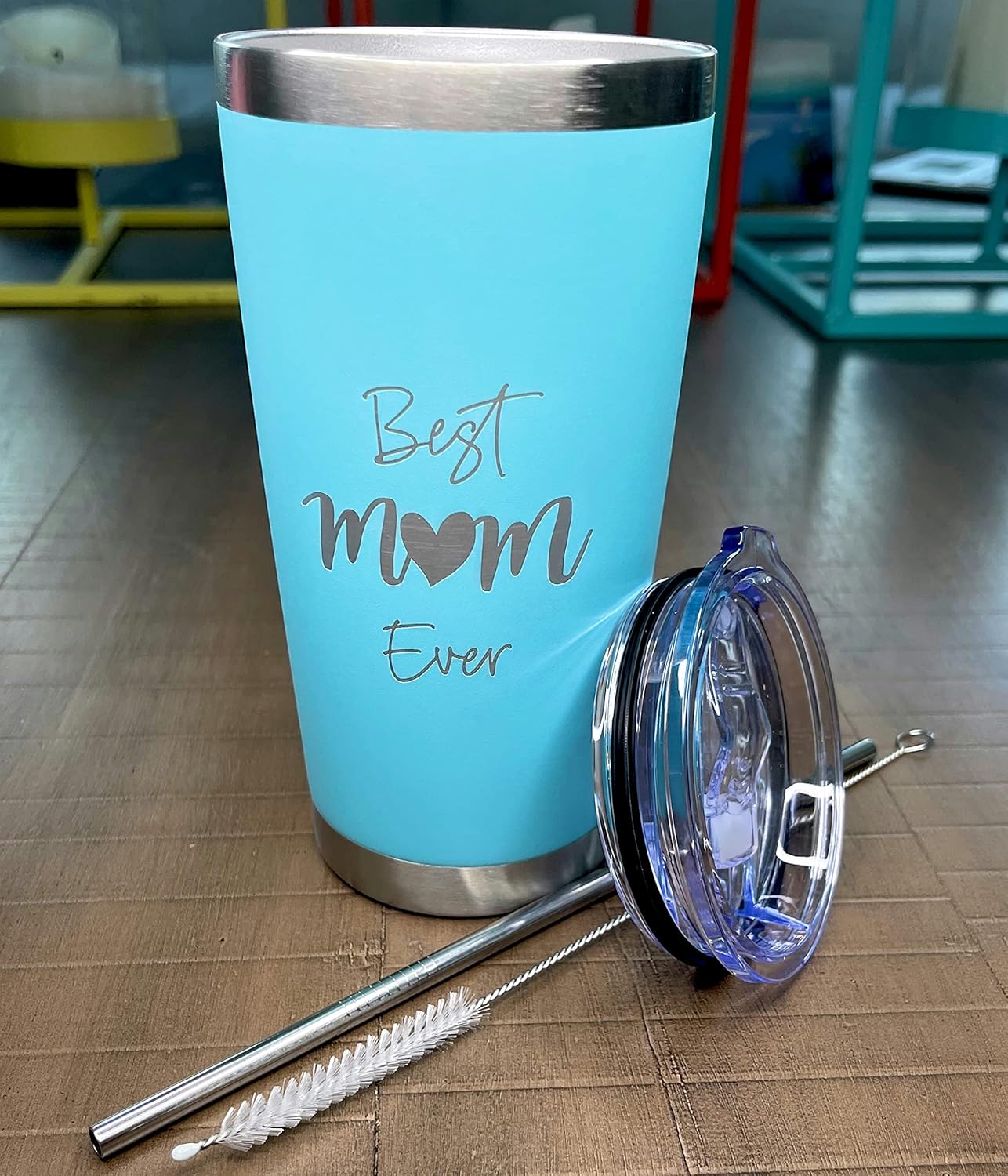 QualityVibe Best Mom Ever 20 Oz Insulated Stainless Steel Tumbler With Lid, Straw & Brush. Gift Idea For Mom Birthday, Mother's Day Or New Mom. Laser Engraved. Aqua