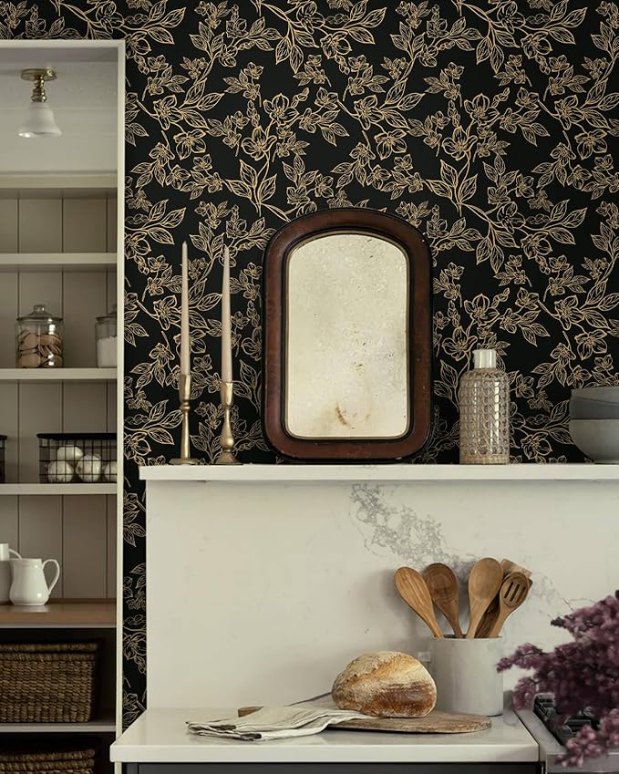 Ismoon Peel and Stick Wallpaper Black and Gold Stick on Wallpaper Dark Floral - Image 2