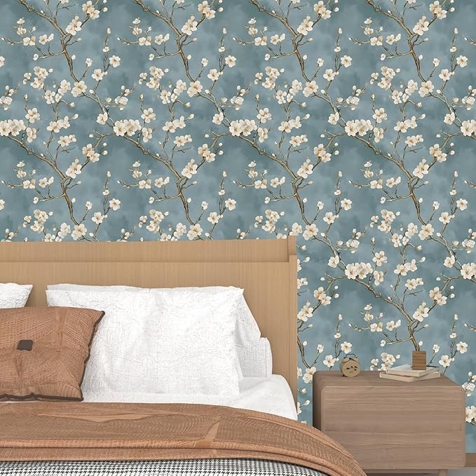 Blue Floral Wallpaper Peel and Stick Vintage White Flowers Contact Paper Vinyl - Image 6