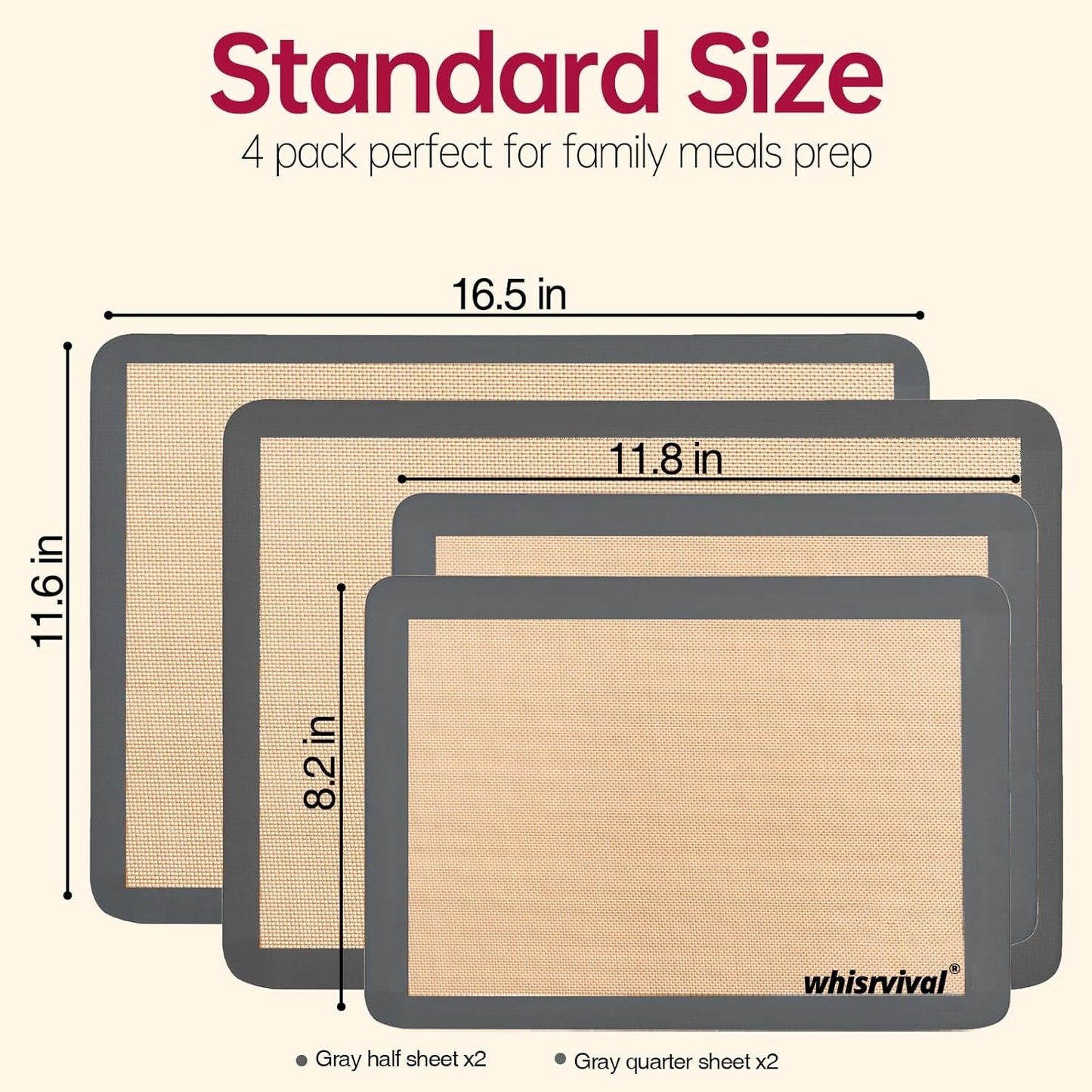 4 Pack Silicone Baking Mat, Non-Stick Silicone Baking Sheet, Food Safe, 480℉ Heat Resistant, 2 Half & 2 Quarter (Grey)