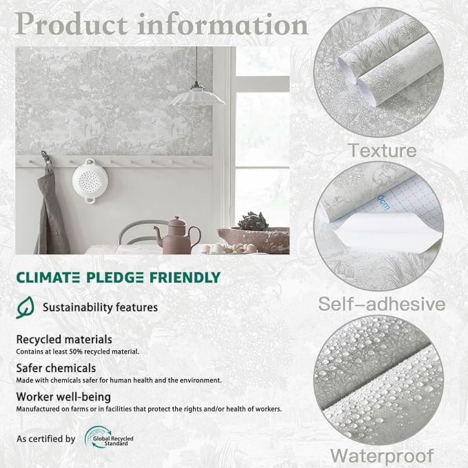 Heroad Peel and Stick Wallpaper Grey and White Vintage Forest Animals Floral - Image 2