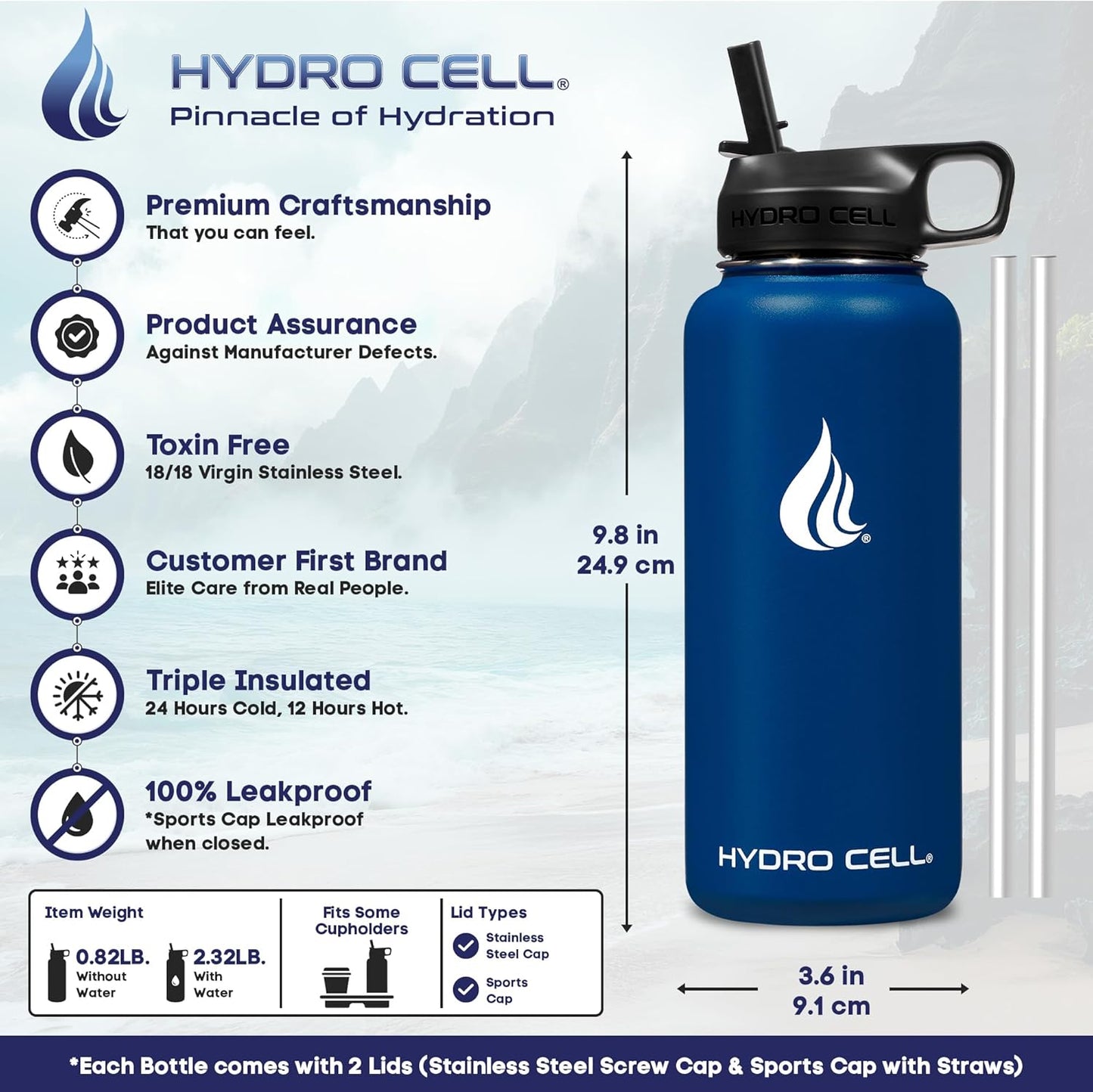 HYDRO CELL Stainless Steel Insulated Water Bottle with Straw - For Cold & Hot Drinks - Metal Vacuum Flask with Screw Cap and Modern Leakproof Sport Thermos for Adults (Navy 32oz)