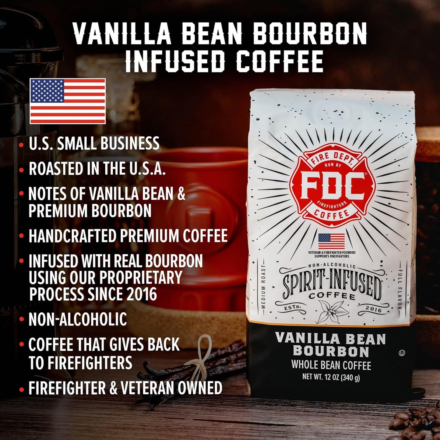 Fire Department Coffee - Vanilla Bourbon Coffee Beans - Gives Back to Firefighters - Vanilla Bean Bourbon Infused Whole Bean - Non-Alcoholic - Roasted in the USA - Veteran Owned (12 oz, Pack of 2)