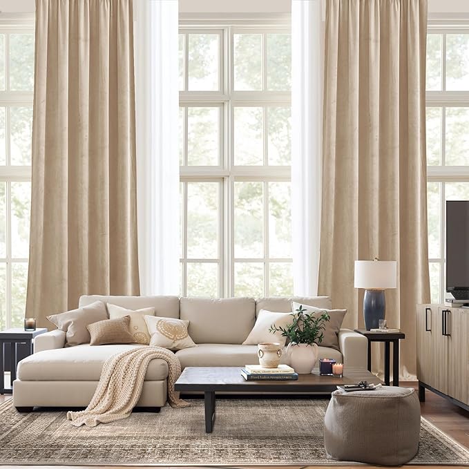 NICETOWN Beige Velvet Room Darkening Curtains, Home Decor Light Blocking - Image 9