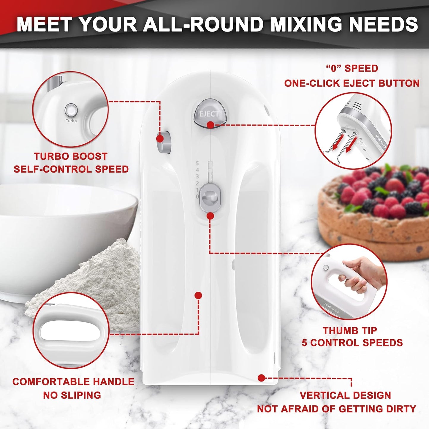 Lord Eagle Hand Mixer Electric 400W, 5 Speed handheld Mixer, 5 Stainless Steel Accessories for Baking Cake Egg Cream Food Beater, Turbo Boost/Self-Control Speed + Eject Button