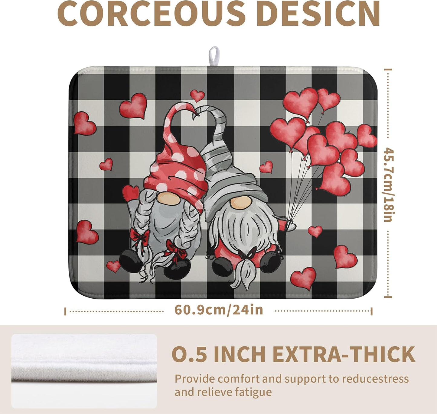 Valentine Gnome Hearts Dish Drying Mat Valentines Gnomes Dishes Dryer Mats for Kitchen Countertop 18x24 Inches Under Coffee Maker Drainer Matt Microfiber Large
