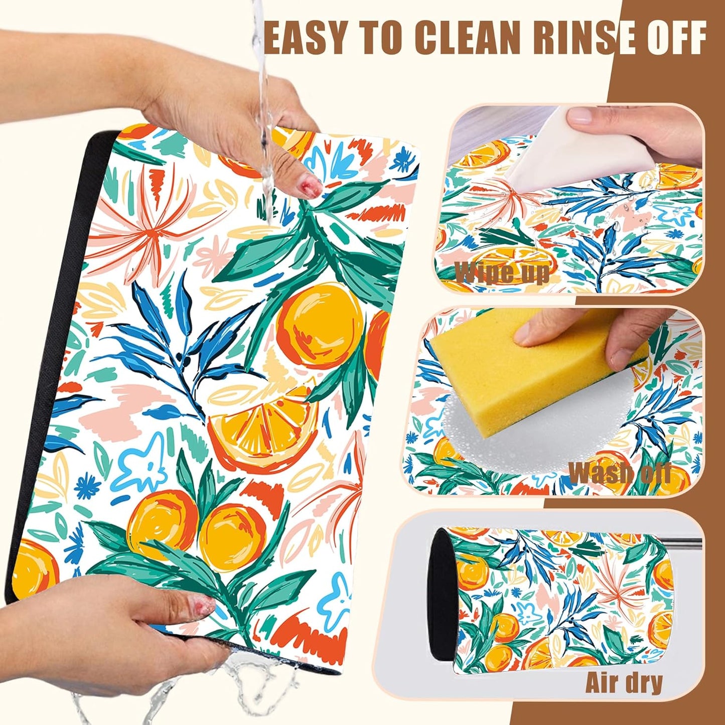 Dish Drying Mat Fruit Orange and Leaves Coffee Bar Mat for Countertop Absorbent Coffee Mat Rubber Backed Hide Stain Dish Drainer Rack Mat Coffee Maker Coffee Pot Dining Room Decor 11.8 x 19.7 Inch