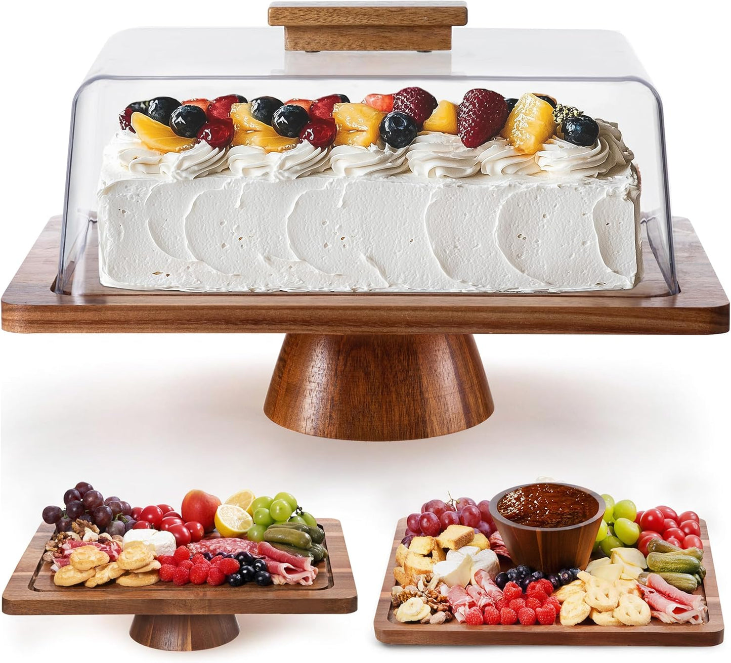 HBlife Cake Stand with Lid (16.5"), Multifunctional Cake Stand with Acrylic Dome Rectangular Acacia Wood 2-in-1 Cake Plate Display Stand with Cover for Baking Gifts, Birthday Kitchen Parties, Weddings