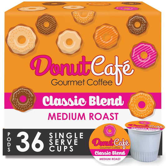 Donut Café - Coffee Gourmet Pods, Classic Blend, Medium Roast – Non-GMO, Gluten Free – Compatible with Keurig K Cup Brewers – Smooth & Delicious – 36 Count